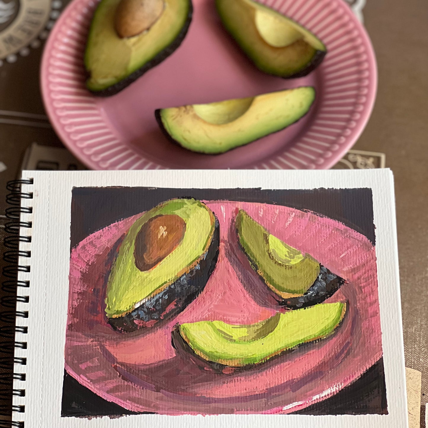 Gouache Painting: Avocado wedges on Pink