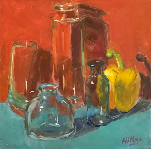 Small Oil Painting - Bottles with a pepper