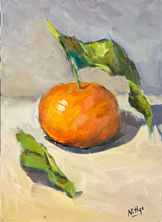 Small Stilllife Painting - Clementine with leaves