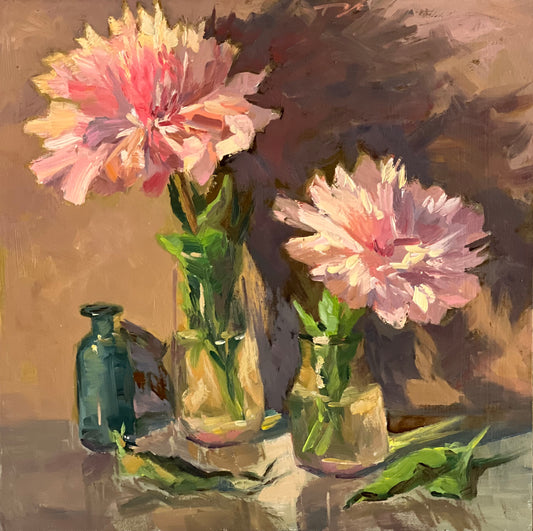 Pink Peonies in the spotlight - Original Oil Painting of Flowers