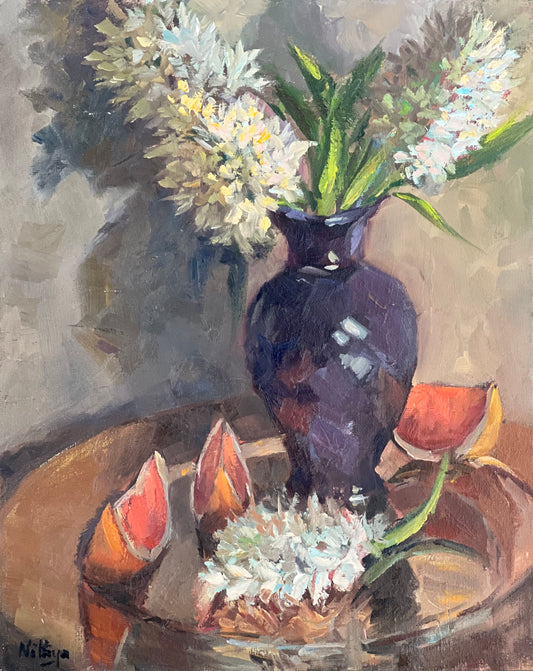 Small Floral Painting - White Hyacinths and grapefruit slices