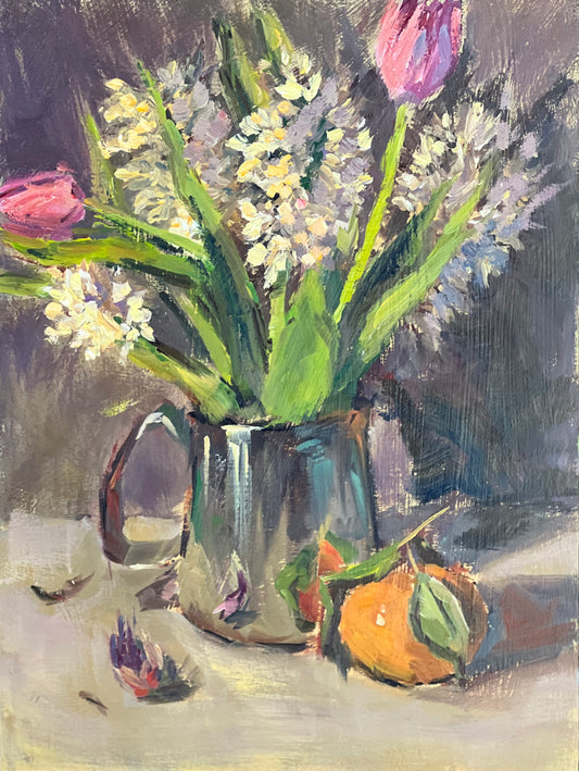 Small Floral Painting - Hyacinths in a metal jar