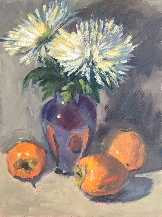 Persimmons and Mums in a vase - Original Oil Painting