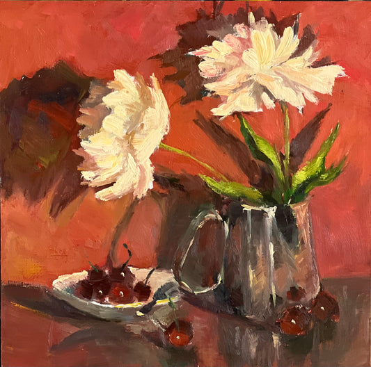 Peonies and Cherries Reflections - Still Life Oil Painting