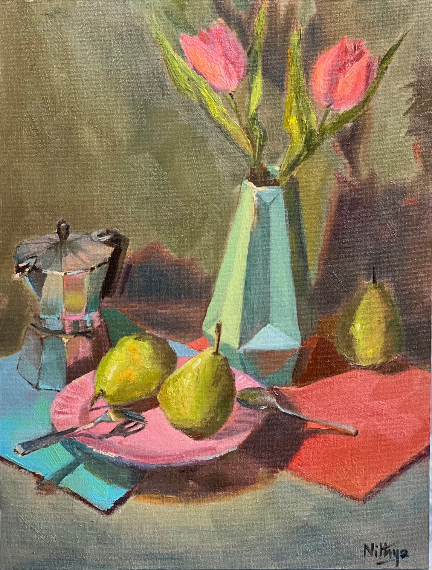 Original Oil Painting - Tulips and Pears