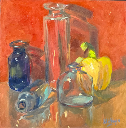 Small Oil Painting - Bottles with a pepper 2